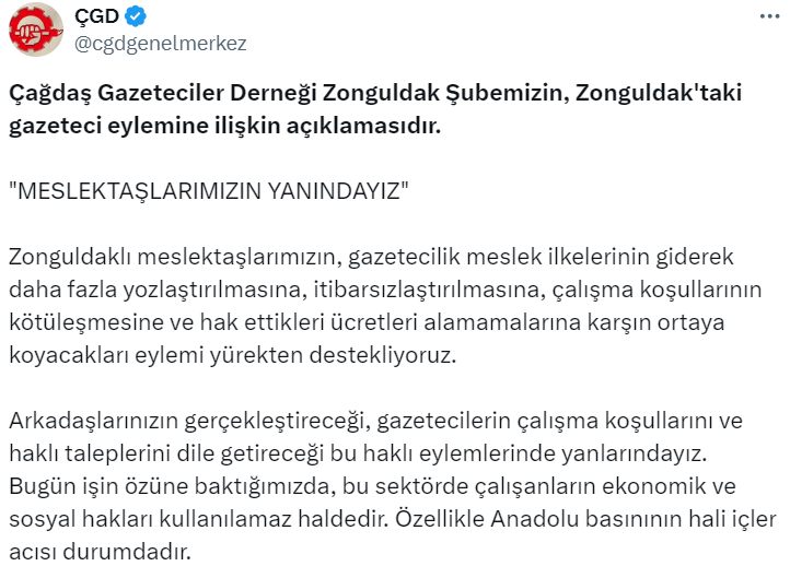 Çağdaş Gazeteciler Derneğinden  Zonguldak’ta görev yapan gazetecilere destek açıklaması