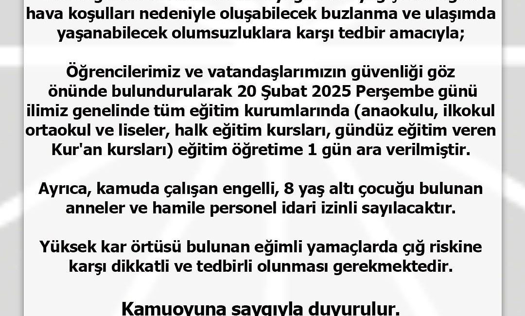 Rize Valiliği Yoğun Kar Yağışı Nedeniyle Rize Genelinde Tüm Okulları