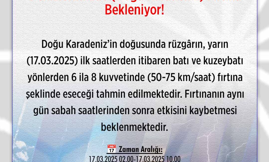 Rize Valiliği yapmış olduğu açıklamada Doğu Karadeniz Bölgesi’nde kuvvetli rüzgar