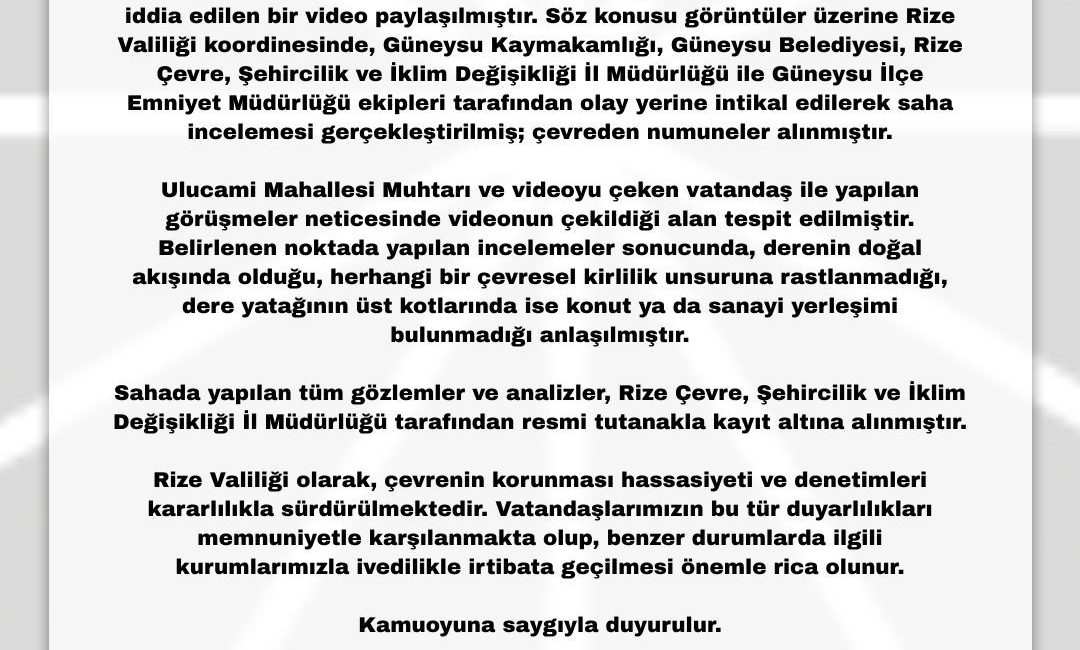 Güneysu’da dere kırmızı akıyor haberimiz sonrası Güneysu Kaymakamlığı açıklamada bulundu.