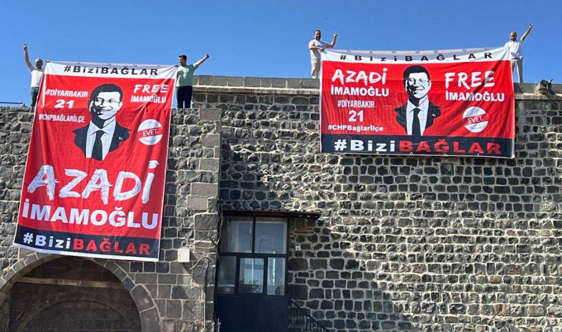 Diyarbakır’da tarihi surlarda ‘Azadi İmamoğlu’ pankartı açan CHP Bağlar ilçe