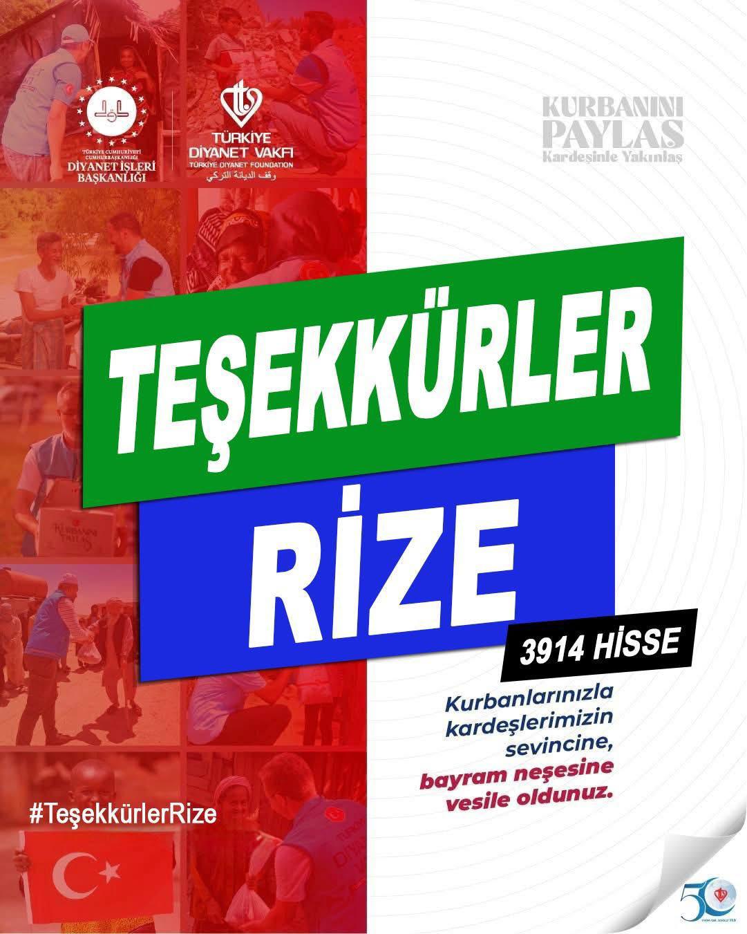 Teşekkürler Rize! 2025 Yılı Vekaletle Kurban Programı kapsamında, Rize il