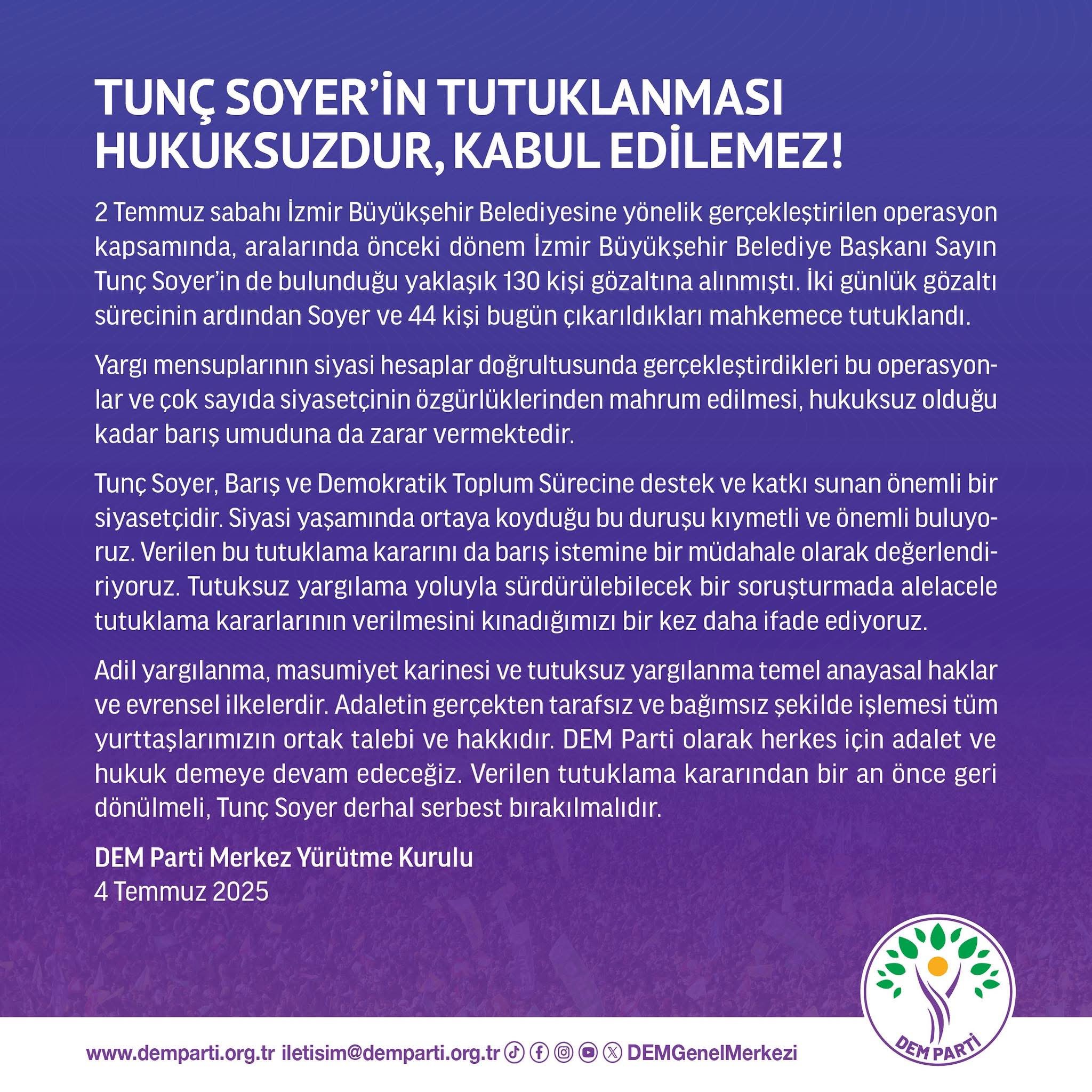Haber:Gençağa Karafazlı DEM Parti’den Tunç Soyer açıklaması “Tunç Soyer’in tutuklanması